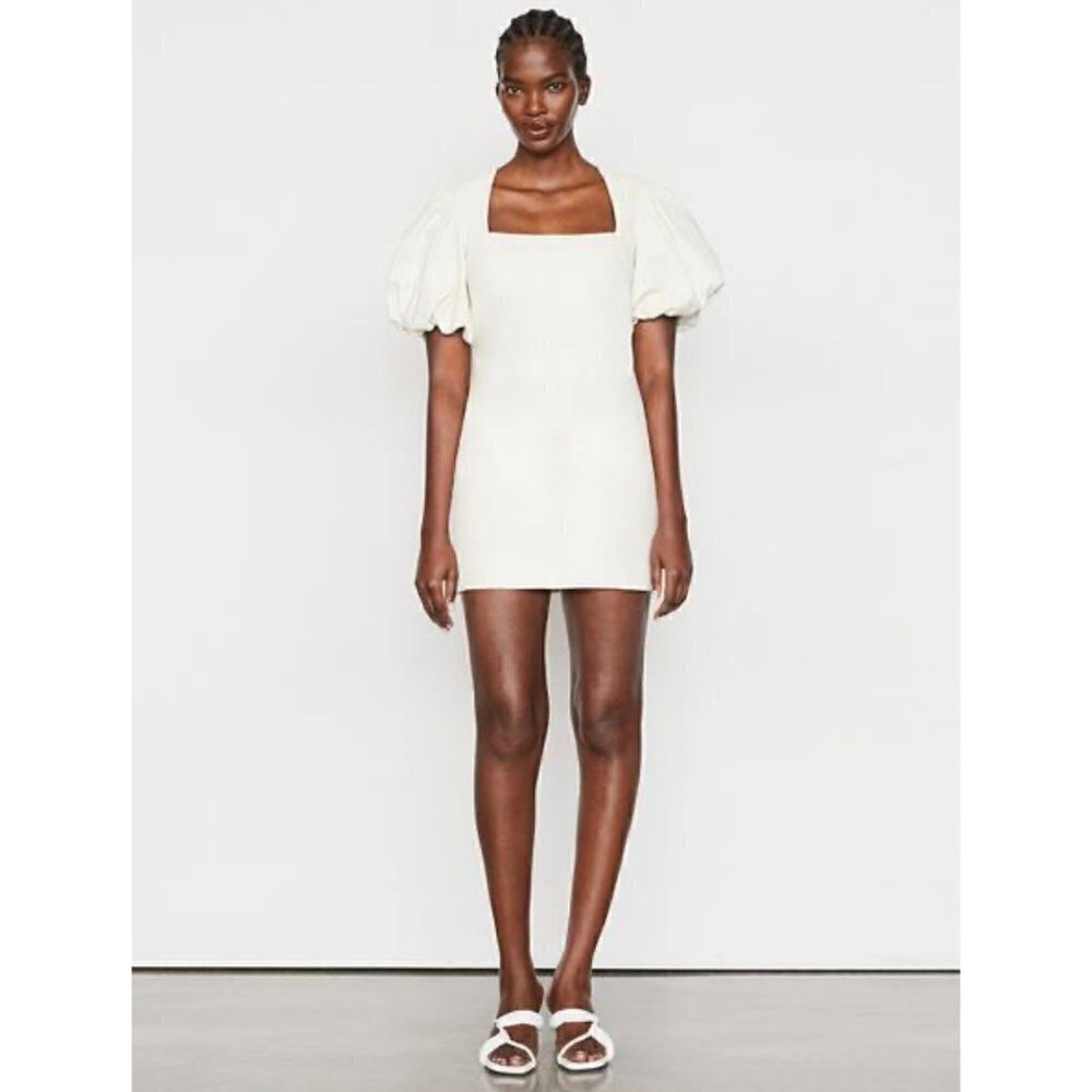 FRAME Denim Nina Puff Sleeve Leather Mini Dress Bone Womens Size Large